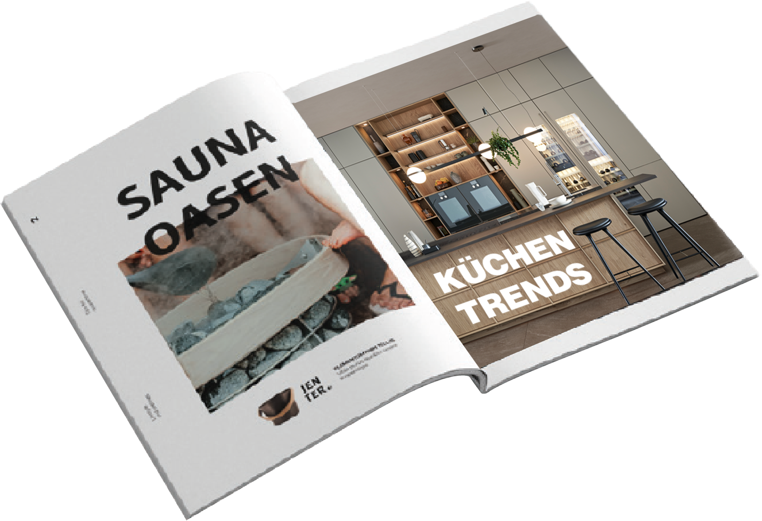 Küchenstudio und Sauna Katalog. Es ist etwa die Mitte des Katalogs aufgeschlagen